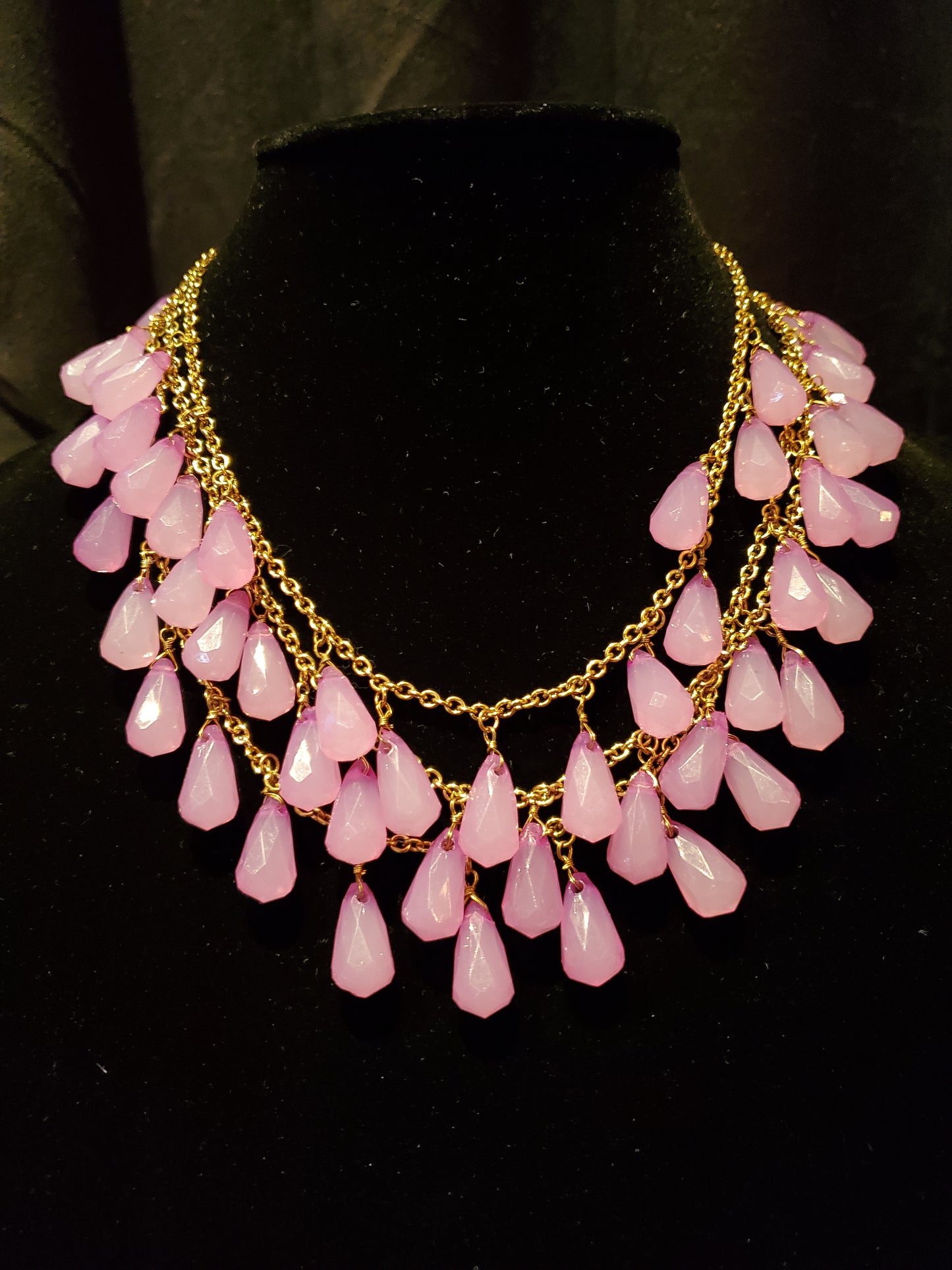 True Love Pink Faceted Tear Drop, Gold Tone Linked Chain, 3 Layered Necklace. Lot# 402