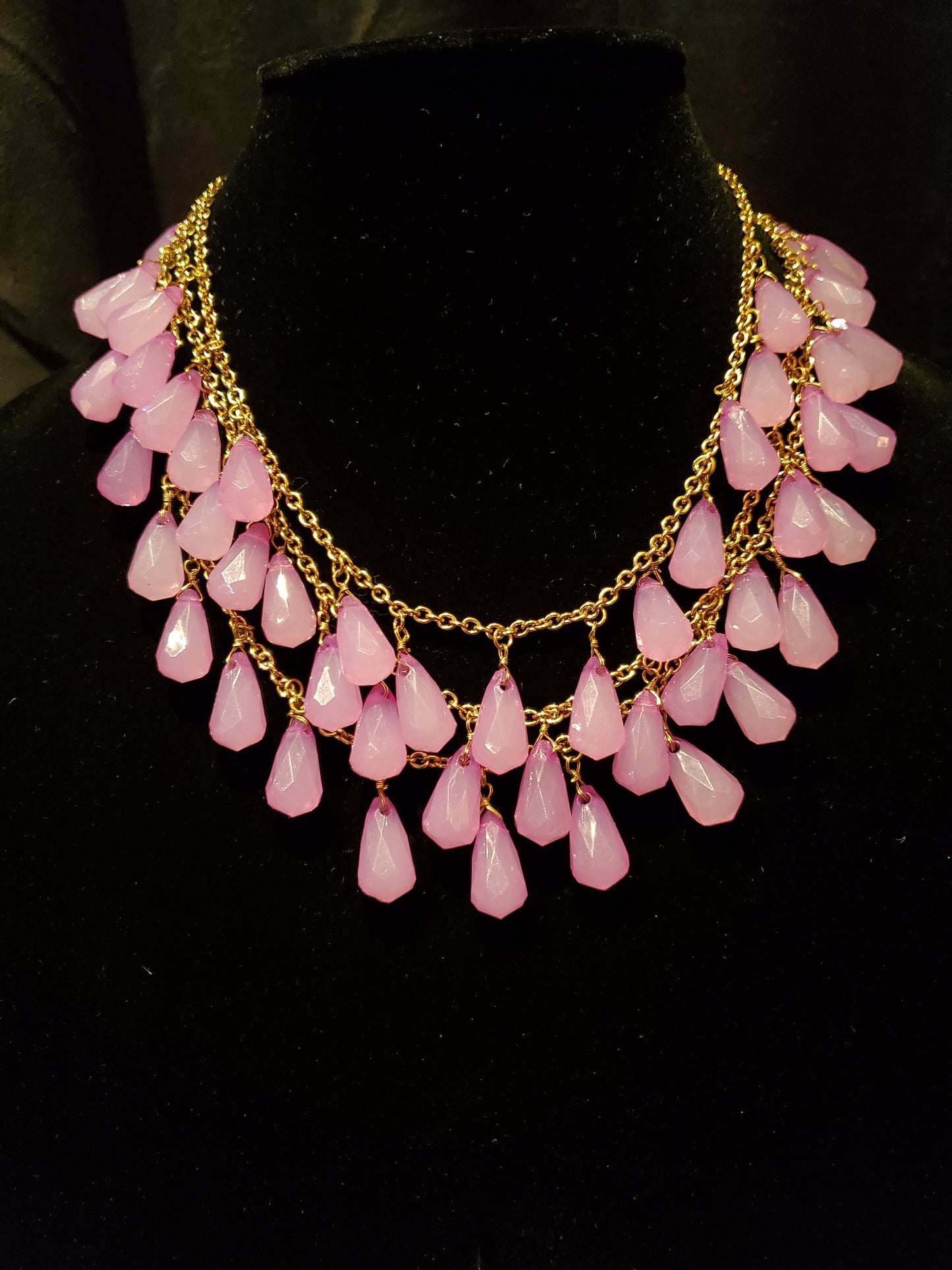 True Love Pink Faceted Tear Drop, Gold Tone Linked Chain, 3 Layered Necklace. Lot# 402