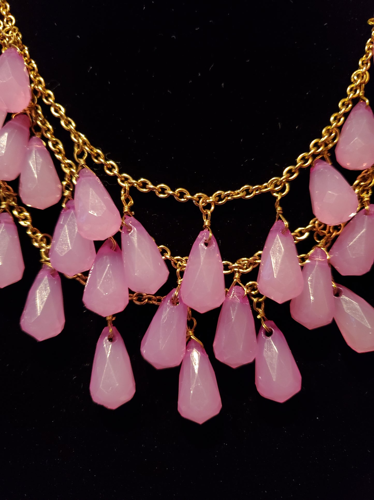 True Love Pink Faceted Tear Drop, Gold Tone Linked Chain, 3 Layered Necklace. Lot# 402