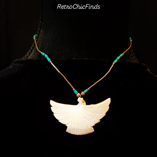 Vintage Silver Zuni Thunderbird Mother of Pearl Pendant Necklace & Turquoise Beads. Lot# 400
