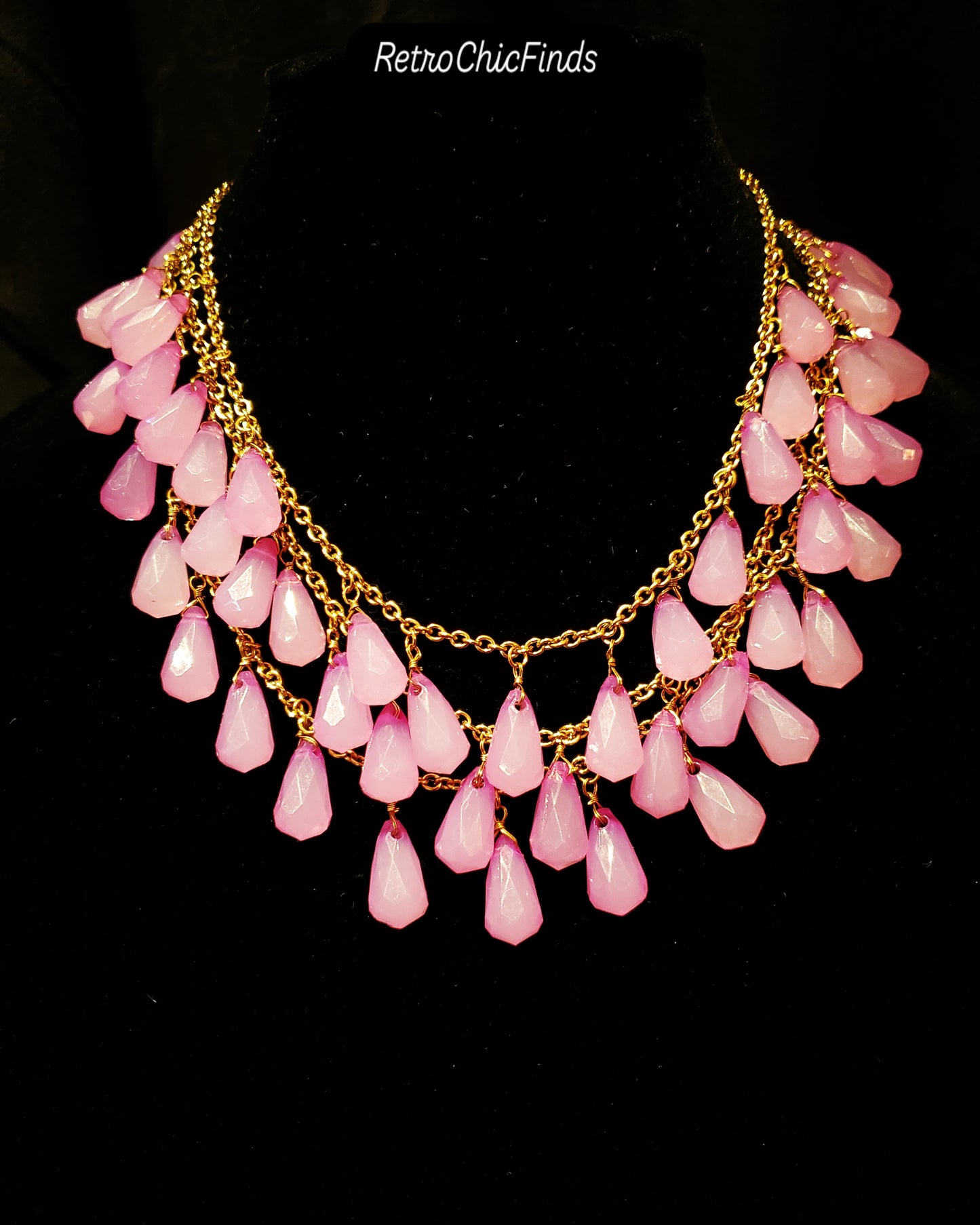 True Love Pink Faceted Tear Drop, Gold Tone Linked Chain, 3 Layered Necklace. Lot# 402